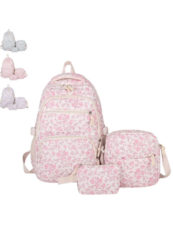 Pink Floral Backpack, Cute Pink Backpack Flower Backpack 3pcs for Women