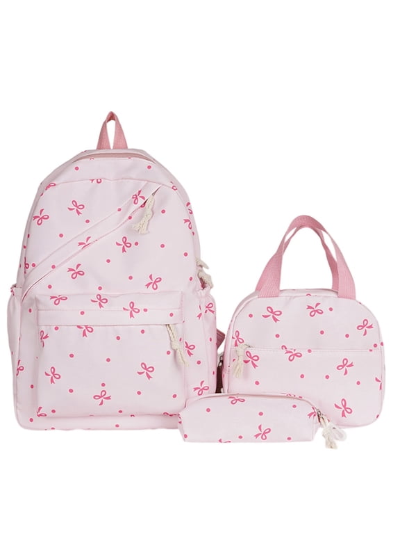 Pink Floral Backpack Set, 3 Piece Laptop Bag with Lunch Box Pencil Case, Large Capacity Lightweight Nylon Travel Daypack, Cute Aesthetic Organizer