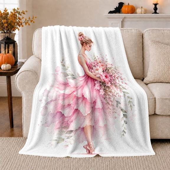 Pink Floral Ballerina Flannel Blanket with Ballet Dancer Bouquet Petal Dress Art, Romantic Watercolor Dance Portrait, Dance Studio Sofa Bedroom Home Decor, Recital Gift