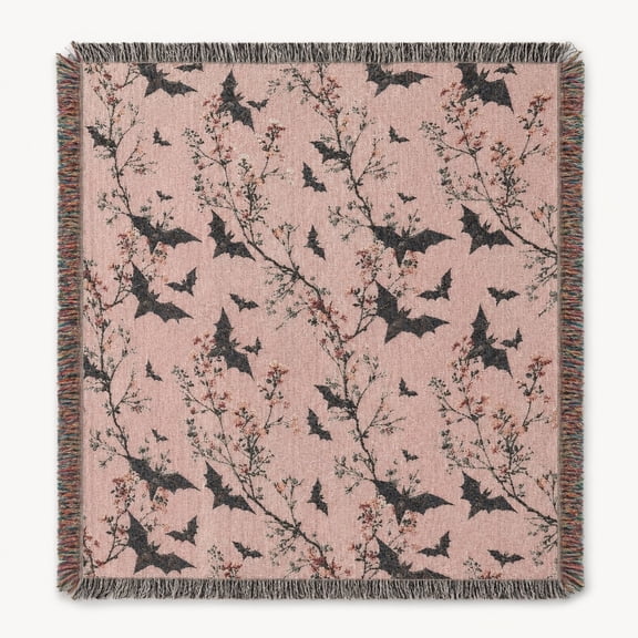 Pink Floral Bat Woven Throw Blanket – 100% Cotton Fringed Couch Throw | Gothic Botanical Home Decor