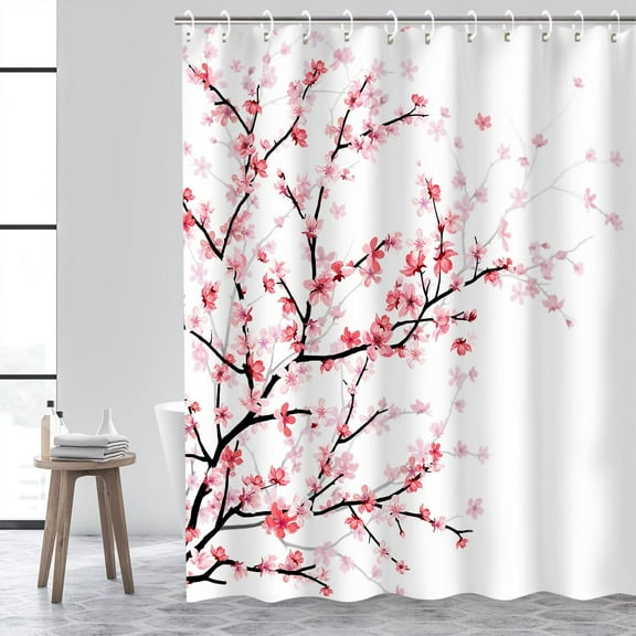 Pink Floral Bathroom Curtain Cherry Blossom Shower Curtain Set with 12 Hooks, Flower Fabric Bath Curtain Bathroom Decor, Machine Washable, White, 72" W X 84" H