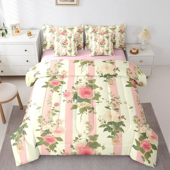 Pink Floral Bedding Set Twin 7 Pcs Women,Retro Vintage Flower Bed in a Bag with Flat Fitted Sheet,Striped Comforter Set with Pillowcase and Sham,Leaves Botanical Bed Sheets Set