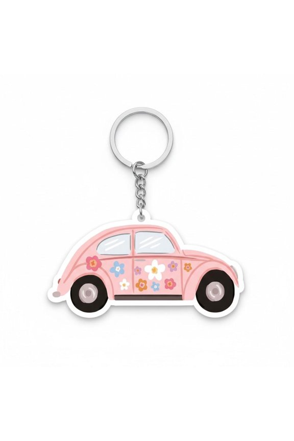 Pink Floral Beetle Car Keychain, Flower Power Classic Car Acrylic Charm, Retro Hippie Van Vibe Gift, Cute Boho Vehicle Accessory, Bag Charm