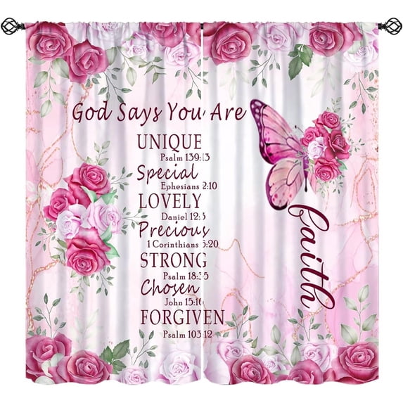 Pink Floral Bible Verse Quotes Curtain, Vintage Christian Scripture Window Treatments Butterfly Rose Flower Blackout Drapes for Women Bedroom Living Room Kitchen W42xL63in