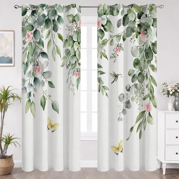 Pink Floral Blackout Curtains for Bedroom, Green Leaf and Pink Flower Butterfly Bird on White Window Curtain Nature Plant Botanical Drapes for Living Room Decor, 52W X 84L inches