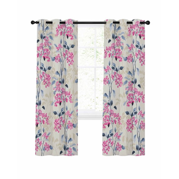 Pink Floral Blackout Curtains, Light Blocking Print Window Curtains, Spring Rustic Botanical Flowers Herbs Thermal Insulated Window Drapes for Living Room Kitchen Cafe 2 Panels, 55"W x 39"L
