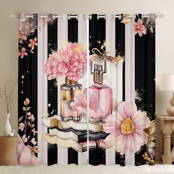 Pink Floral Blackout Curtains Modern Fashion Girly Curtains Romantic Makeup Themed Bedroom Curtains Black White Stripe Window Curtains Women Perfume Print Curtains,104"Wx84"L