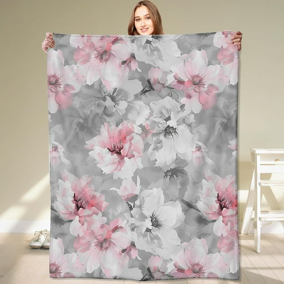 Pink Floral Blanket,Grey White Peony Flower Blossom Romantic Rustic Throw Blankets,Gifts for Women Girls, Lightweight Soft Fleece,for Sofa Couch Bed Room Travel,Modern Fashion Decor,40x50in