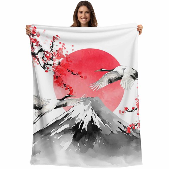 Pink Floral Blanket Soft Cozy Warm Throw Blanket for Couch, Plush Fuzzy Flannel Fleece Blankets for Sofa, Tree Birds Retro Art Botanical Mountain Bed Blankets Lightweight Gifts for Women, 30"x40"