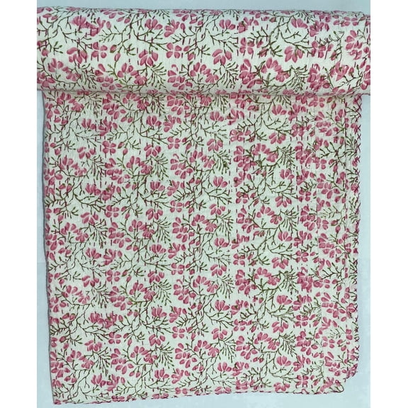 Ozark Textile Pink Floral Indian Block Print Handmade King Size Quilts