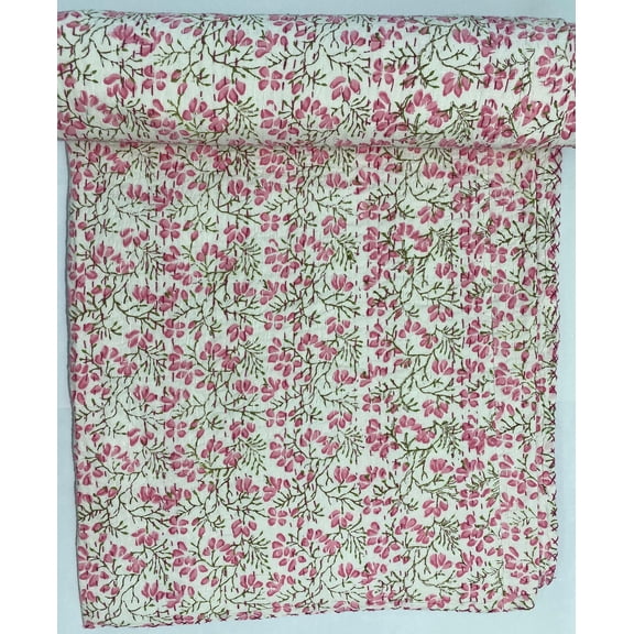 Pink Floral Block Print Indian Kantha Quilt Handmade Cotton Bedspread | Natural Colour Bedspread for Soft Home DÃ©cor