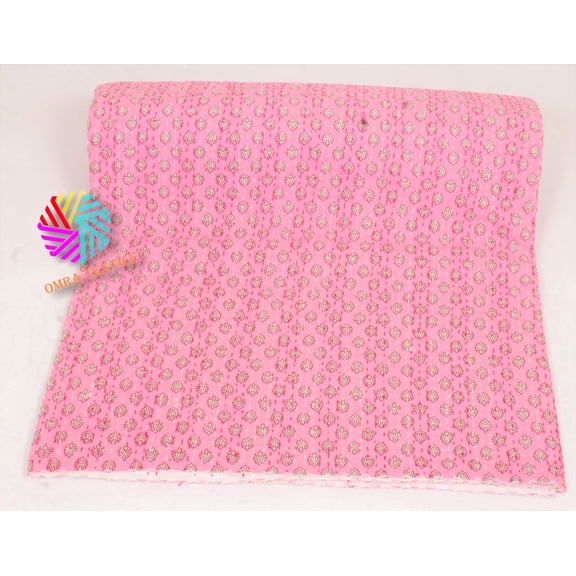 Pink Floral Block Print Indian Kantha Quilt, Handmade Pure Cotton Indian Bedspread, Lightweight Cozy Bedding