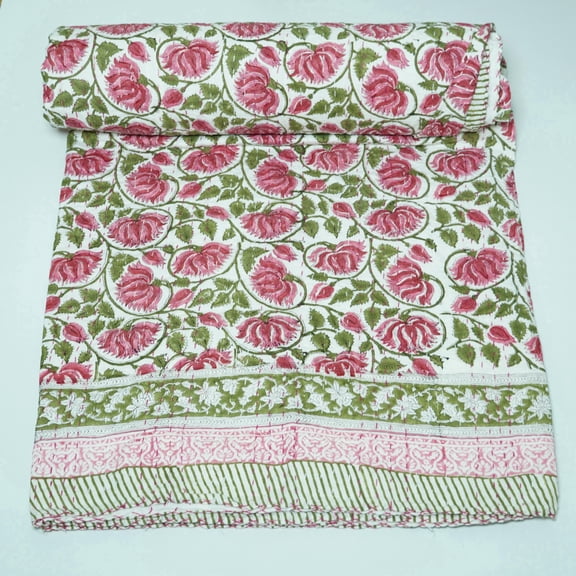 Pink Floral Block Print Indian Kantha Quilt – Pure Cotton Bedspread, Floral Pattern Blanket for All-Season