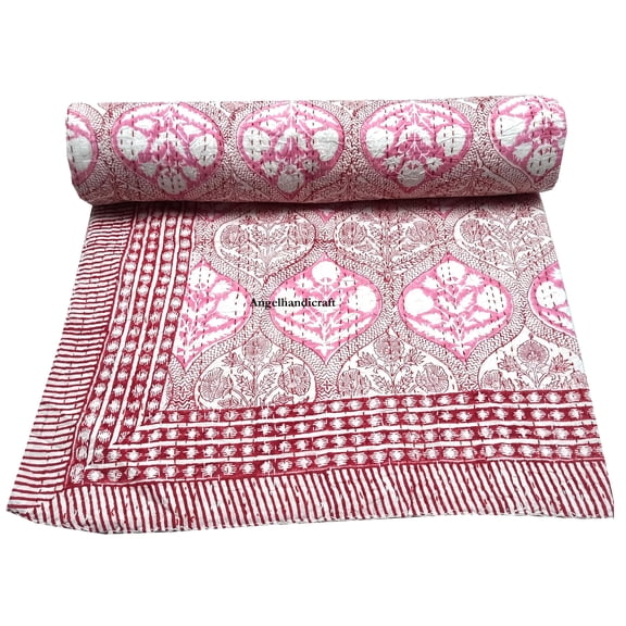 Pink Floral Block Print Kantha Bedspread Handmade Indian Reversible Bedding Throw Coverlet Bohemian Sofa Decor AC Quilt