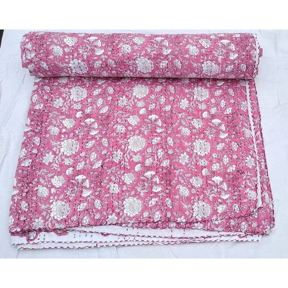 Pink Floral Block Print Kantha Quilt, Handmade Pure Cotton Indian Bedspread, Lightweight Cozy Bedding