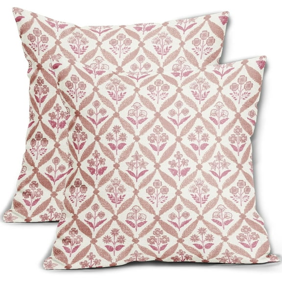 Pink Floral Block Print Pillow Covers 16X16 Set of 2, Flower Pattern Spring Summer Print Decorative Throw Pillow Covers Outdoor Farmhouse Seasonal Cushion Case Couch Sofa Bed Decor