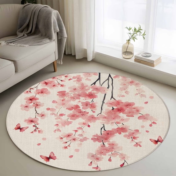 Pink Floral Blossom Round Area Rug 3.3 FT, Non Slip Small Entryway Kitchen Mat, Spring Pastoral Botanical Vintage Washable Soft Circular Rug Non-Shedding Door Mat for Bathroom Playroom Kids Room