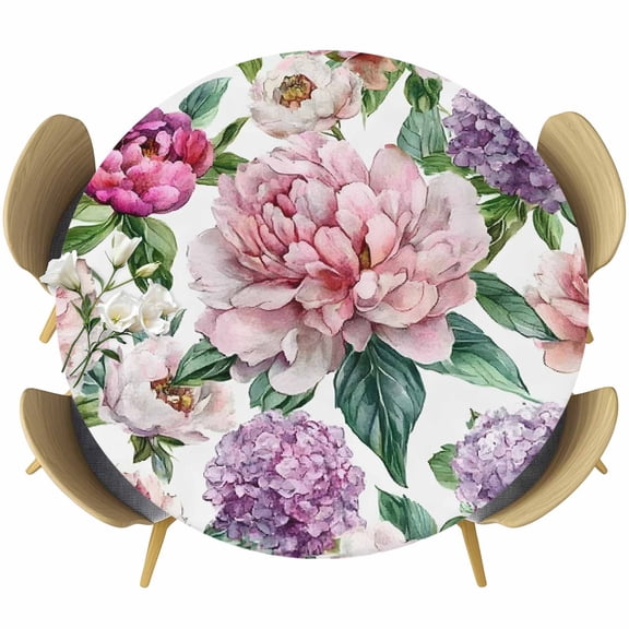 Pink Floral Blossom Round Tablecloth 45-54 Inch Round Fitted Table Cloth with Elastic Edge, Spring Vintage Botanical Flowers Waterproof Table Cover Protector for Outdoor Picnic Party Dining
