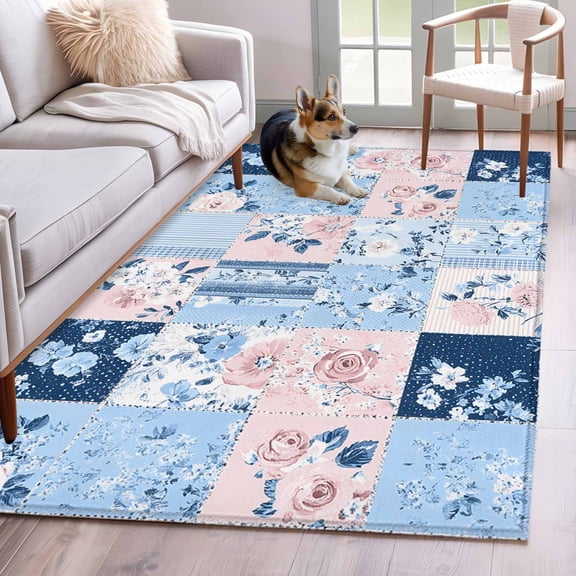 Pink Floral Blue Area Rug 4x6 FT, Non Slip Kids Room Carpet, Farmhouse Botanical Vintage Leaves Washable Soft Floor Carpet Non-Shedding Throw Rug for Dorm Kitchen Study Room Home Office Bedside