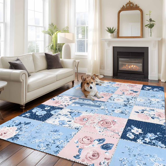 Pink Floral Blue Area Rug 5x7 FT, Non Slip Bedroom Throw Carpet, Farmhouse Botanical Vintage Leaves Washable Soft Floor Carpet Non-Shedding Rug for Dining Room Bedside Classroom Desk