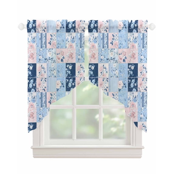 Pink Floral Blue Swag Valances for Windows, Farmhouse Botanical Vintage Leaves Rod Pocket Sheer Valances for Large Windows, Swag Toppers Light Filtering for Kitchen Living Room 2 Panels 36''x45''