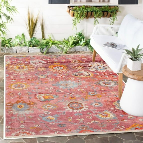 Pink Floral Boho Distressed Texture Washable Outdoor Rug For Patio Deck Hallway Balcony Porch Waterproof Outside Area Rug Soft Stain Resistant Bathroom Laundry Room Carpet Mat 4x6ft