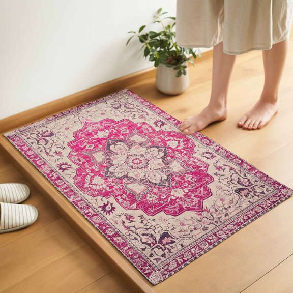 Pink Floral Boho Door Mat 16x24 Inch Medieval Ethnic Turkey Retro Vintage Entryway Rug with Non-Slip Rubber, Inside Floor Mats Front Door Rug for Living Room Bathroom Bedroom Home Office