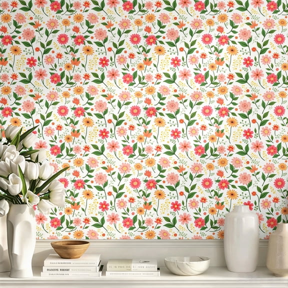 Pink Floral Boho Stick Wallpaper, Cute Exquisite Art Print Wall Art Wall Decor, Wall Decoration for Bedroom Living Room Dorm Room Home Decor, Vintage Farmhouse Peel & Stick Flower Wallpaper for Walls