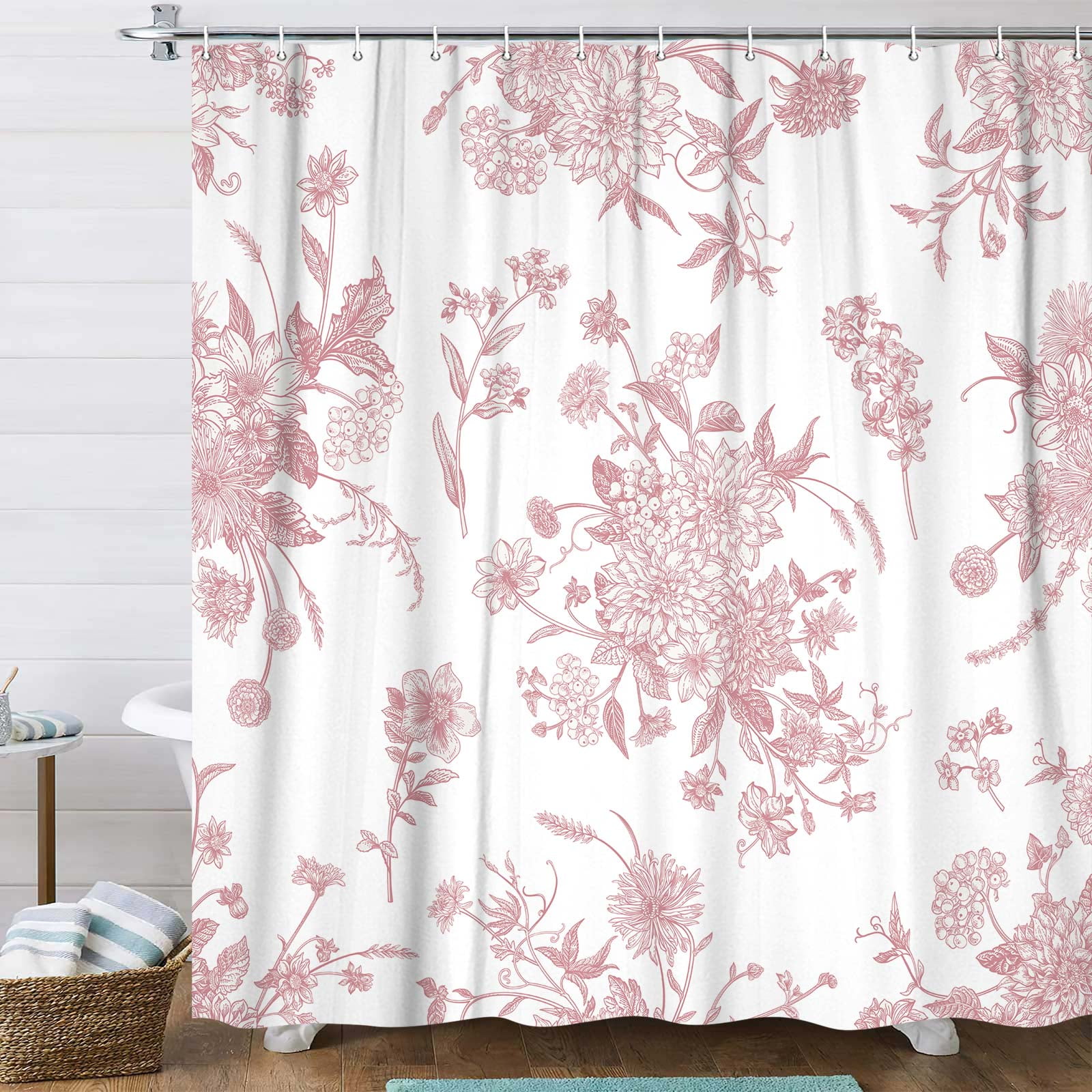 Vintage Floral Shower Curtains Pink Floral Botanical Shower Curtain, Vintage Retro Boho Floral Blossom