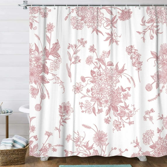 Pink Floral Botanical Shower Curtain, Vintage Retro Boho Floral Blossom Pattern Aesthetic Flower Shower Curtains for Bathroom, Fabric Bathroom Decor Shower Curtain Set with Hooks,70X75