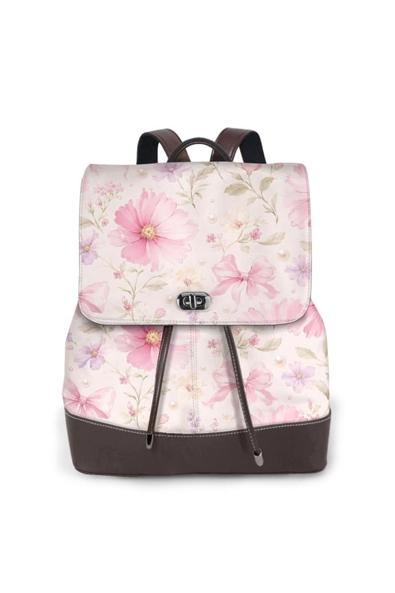 Pink Floral Bow Women's Leather Backpack All-Over Print Bag for Work and Travel