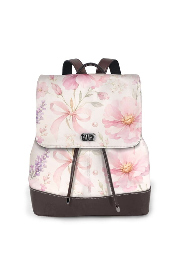 Pink Floral Bow Women's Leather Backpack All-Over Print Bag for Work and Travel