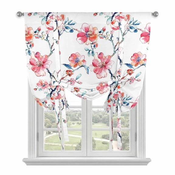 Pink Floral Branch Tie Up Curtain for Window, Watercolor Leaves Adjustable Tie Up Balloon Curtain Valances Rod Pocket Window Treatment for Kitchen Bathroom Bedroom 34"x45"