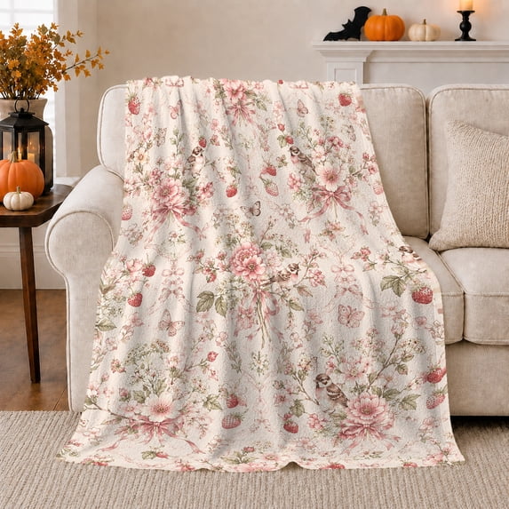 Pink Floral Branches with Tiny Blossoms, Serene Botanical Style for Flower Lovers, Soft Rose Garden Pattern and Mother's Day Gift, Soft Flannel Blanket for Bedroom and Reading Nook, Home Decor