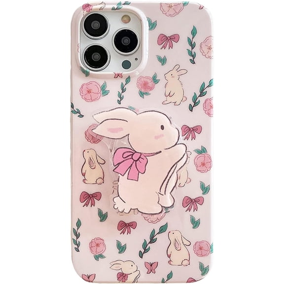 Pink Floral Bunny Phone Case for iPhone 15 Pro Max, Cute Korea 3D Rabbit Flower Cartoon Case with Rabbit Hold Stand for Women Girls