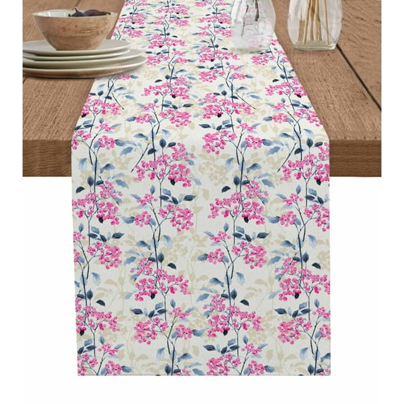 Pink Floral Burlap Cotton Table Runner 13x120 Inches Long, Spring Rustic Botanical Flowers Herbs Farmhouse Table Runners, Outdoor Dining Tablecloths Decor for Baby Shower/Party/Wedding