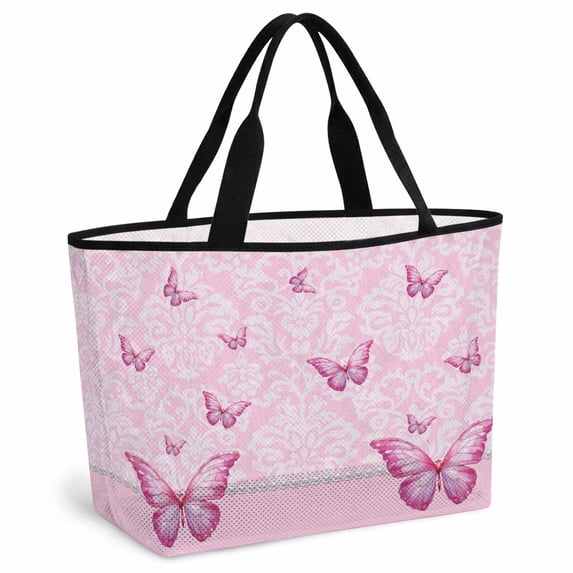 Pink Floral Butterflies Beach Bag for Women, Large Breathable Mesh Beach Tote Bag, Abstract Art Vintage Botanical Sandproof Lightweight Travel Bags for Vacation Picnic Swimming Pool 15.7"x15.7"x9.1"