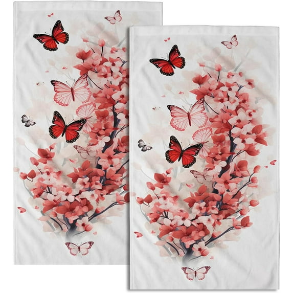Pink Floral Butterfly Hand Towel - Butterflies Face Towels Set of 2 Plum Blossom Flowers Kitchen Tea Towels Flower Fingertip Towel for Bathroom Hotel Spa Decor Gift 28.3x14.4in
