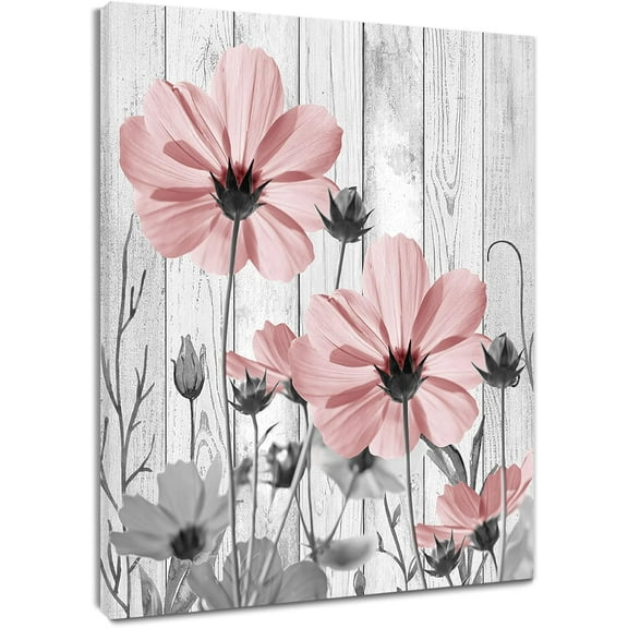 Pink Floral Canvas Wall Art for Bathroom Country Pink and Grey Flower Leaf Plant on Vintage Wood Wall Art for Living Room, Wildflower Framed Wall Art for Bedroom Home Decor,10L X 8W inches