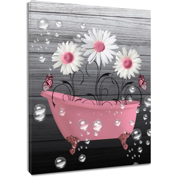 Pink Floral Canvas Wall Art for Bathroom Decor Vintage Flower and Butterfly in the Bathtub Abstract Wall Art Grey Rustic Wood Board Pictures Artwork for Bedroom Living Room 12x16 Inches