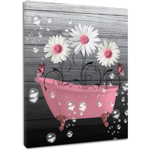 Pink Floral Canvas Wall Art for Bathroom Decor Vintage Flower and Butterfly in the Bathtub Abstract Wall Art Grey Rustic Wood Board Pictures Artwork for Bedroom Living Room 12x16 Inches