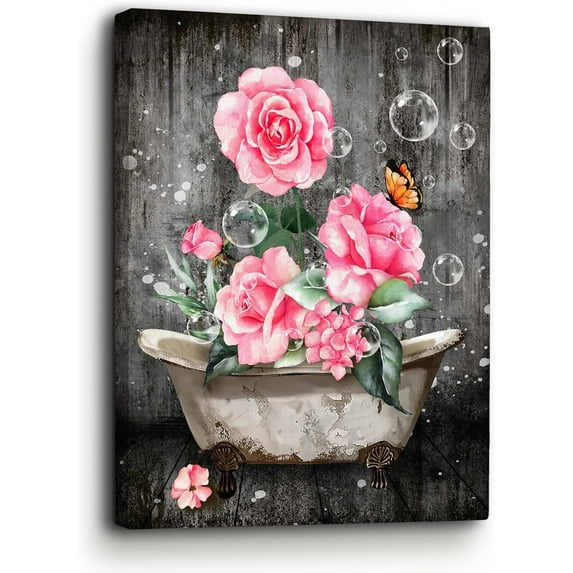Pink Floral Canvas Wall Art Funny Country Pink Rose Bathroom Decor Wall Art Rustic Vintage Flowers Pictures Grey Wall Decor Framed Artwork Painting for Bedroom Bathroom Living Room Decor 8"X10"