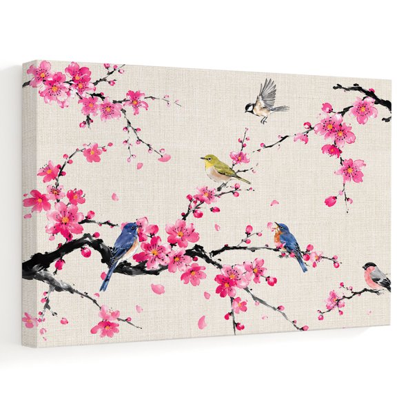 Pink Floral Canvas Wall Art, Oriental Plum Blossom Branch Birds Linen Texture Wall Art Prints Artwork Framed Canvas Ready to Hang Art Pictures for Bathroom Bedroom Entry Desk Corner 10" x 8"