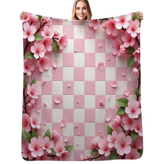 Pink Floral Checkerboard Pattern Flannel Blanket Warm Soft Bedding Throws Winter Camping Chair Sofa Bed