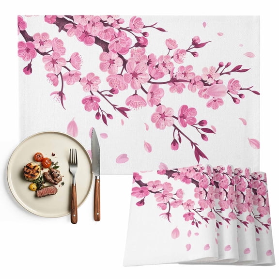 Pink Floral Cherry Blossom Placemats Set of 2, White Spring Petals Table Mats Washable Heat-Insulation Non-Slip Place Mats for Kitchen Dinner Table Indoor Outdoor Decor,13x19 Inch