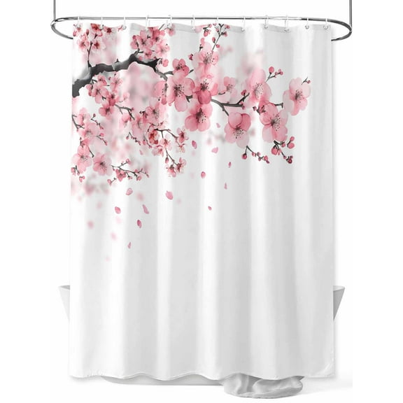 Pink Floral Cherry Blossom Shower Curtain, Spring Flower Bathroom Decor Curtains Set with Hooks, White Waterproof Fabric Home Accessories， 72 X 72 Inch Long