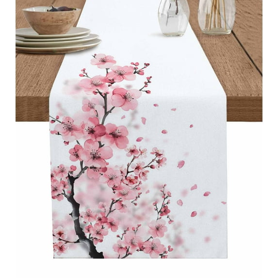 Pink Floral Cherry Flower Burlap Cotton Table Runner 13x70 Inches Long, Abstract Botanical Branch Farmhouse Table Runners, Outdoor Dining Tablecloths Decor for Baby Shower/Party/Wedding