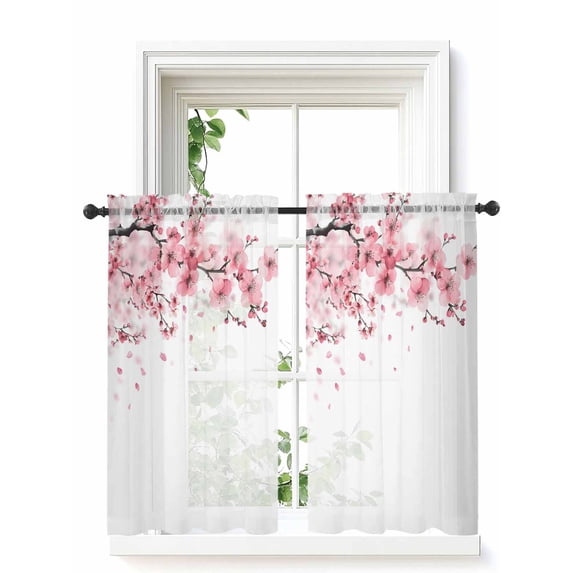 Pink Floral Cherry Flower Curtains 45 Inch Length, Sheer Curtains for Bedroom Living Room Window Abstract Botanical Branch Rod Pocket Voile Drapes Kitchen Curtains Small Half Window 42"x45" 2 Panels