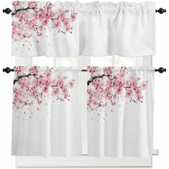 Pink Floral Cherry Flower Kitchen Curtains, Abstract Botanical Branch 3-Piece Kitchen Curtain Valance and Tiers Set 36 Inch Length, Rod Pocket Half Window Curtains for Cafe Living Room Bathroom