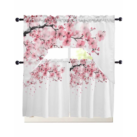 Pink Floral Cherry Flower Kitchen Curtains Sets 36 Inch Length with Valance, Abstract Botanical Branch Swag Valances and Tiers Curtain Set Drapes Swag Curtains for Living Room, Bathroom, Bedroom